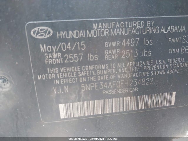 Hyundai Sonata Limited 2015 5NPE34AF0FH234822 Image 9