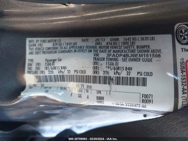 2014 FORD FIESTA SE VIN: 3FADP4BJ9EM151598