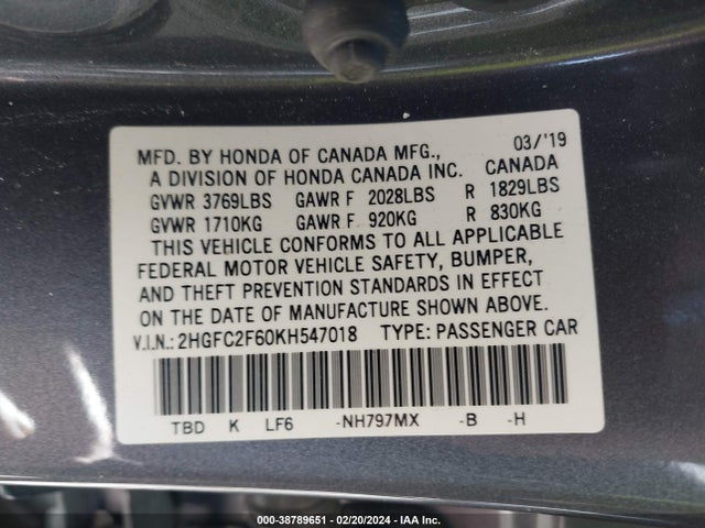 Honda Civic Lx 2019 2HGFC2F60KH547018 Image 9