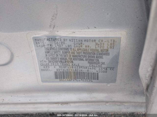 3N1CN8FV9LL910126 Nissan Versa Sr Xtronic Cvt