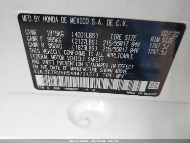 3CZRU5H54NM734373 Honda Hr-v 2wd Ex
