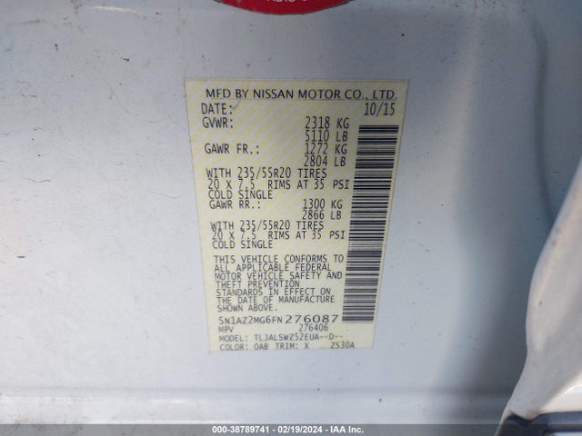 Nissan Murano Platinum 2015 5N1AZ2MG6FN276087 Image 9