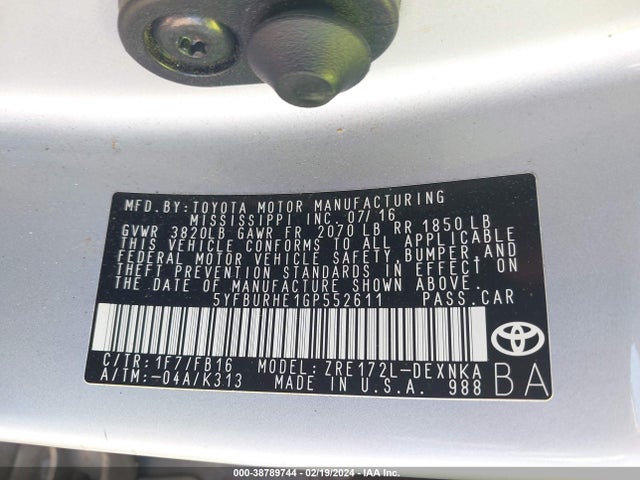 Toyota COROLLA LE 2016 5YFBURHE1GP552611 Image 9