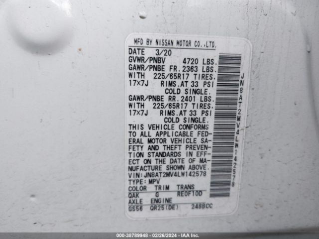 JN8AT2MV4LW142578 Nissan Rogue Sv Intelligent Awd