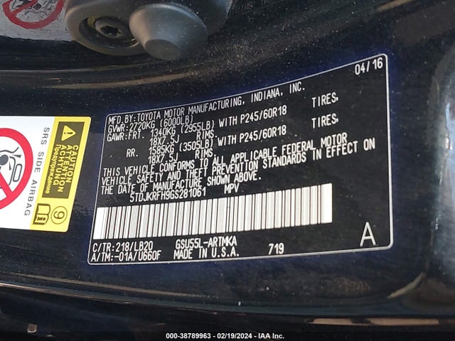 Toyota Highlander Xle V6 2016 5TDJKRFH9GS281061 Image 9