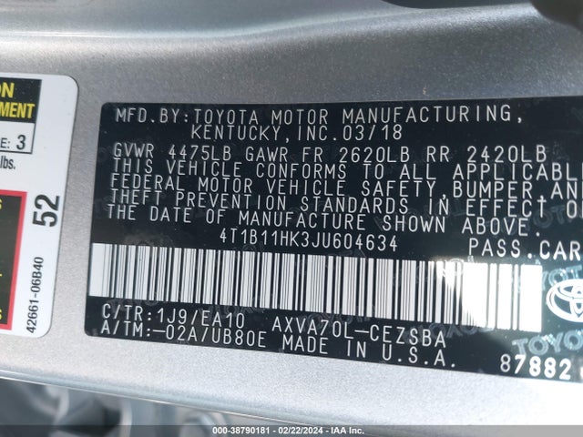 Toyota CAMRY SE 2018 4T1B11HK3JU604634 Image 9