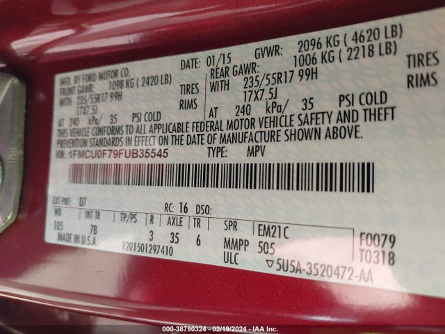 2015 FORD ESCAPE S VIN: 1FMCU0F79FUB35545