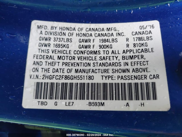Honda CIVIC EX 2016 2HGFC2F86GH551180 Image 9