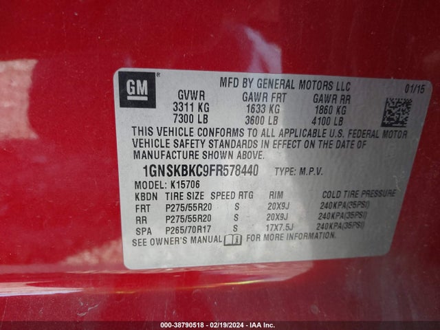 Chevrolet Tahoe Lt 2015 1GNSKBKC9FR578440 Image 9