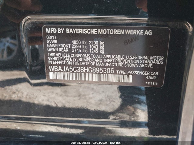 BMW 530I 2017 WBAJA5C38HG895306 Image 9