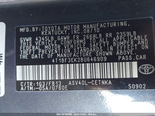 2011 TOYOTA CAMRY LE VIN: 4T1BF3EK2BU646909