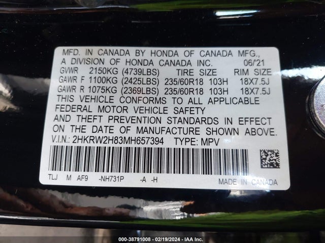 Honda Cr-v Awd Ex-l 2021 2HKRW2H83MH657394 Image 9