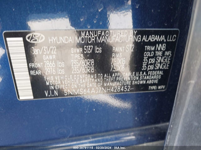 Hyundai Santa Fe Xrt 2022 5NMS64AJ7NH428452 Image 9