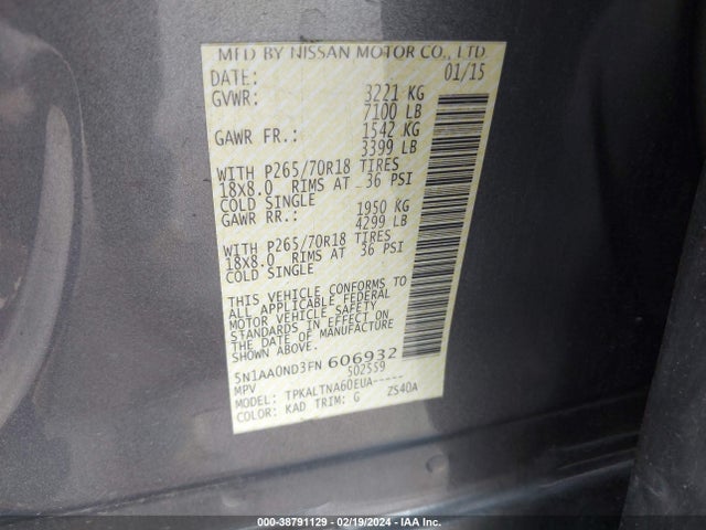 Nissan ARMADA SV 2015 5N1AA0ND3FN606932 Image 9