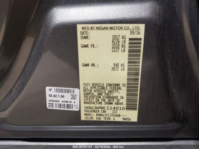 1N4AL3AP0HC114010 Nissan Altima 2.5/2.5 S/2.5 Sl/2.5 Sr/2.5 Sv