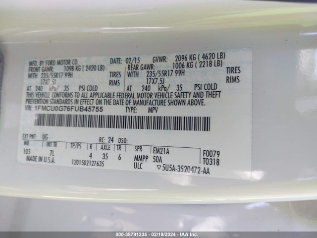 2015 FORD ESCAPE SE VIN: 1FMCU0G76FUB45755