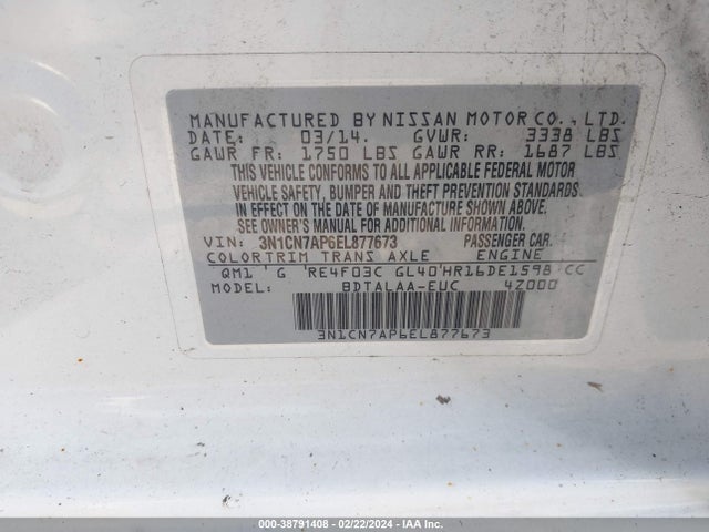 Nissan Versa 1.6 S 2014 3N1CN7AP6EL877673 Image 9