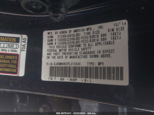 Honda Cr-v Touring 2015 5J6RM4H92FL010424 Image 9