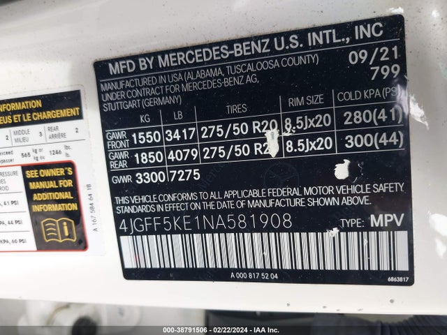 4JGFF5KE1NA581908 Mercedes-Benz Gls 450 4matic