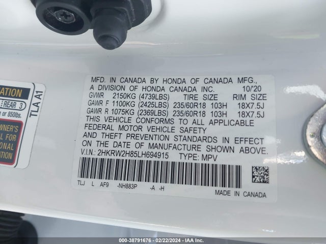 Honda Cr-v Awd Ex-l 2020 2HKRW2H85LH694915 Image 9