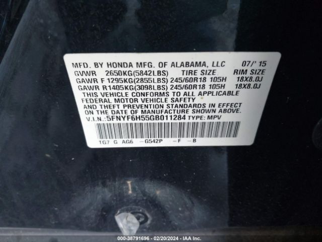 5FNYF6H55GB011284 Honda Pilot Ex-l