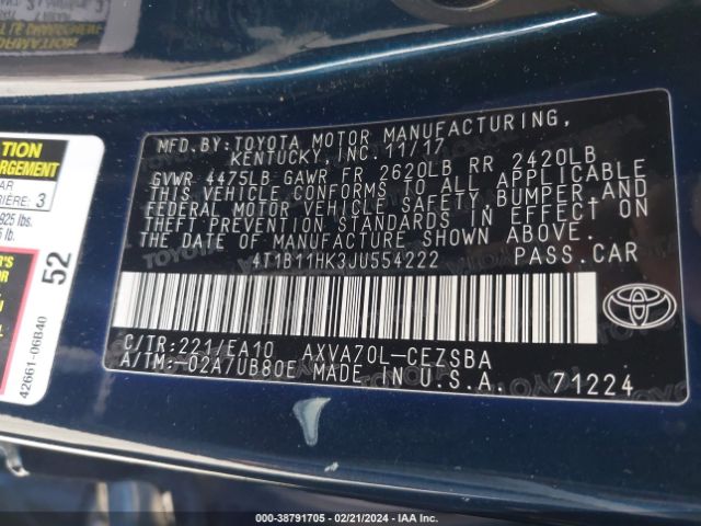 4T1B11HK3JU554222 Toyota CAMRY SE