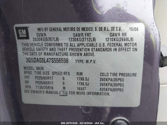 2007 BUICK RENDEZVOUS CXL VIN: 3G5DA03L47S556598