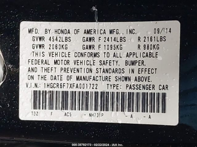 1HGCR6F7XFA001722 Honda Accord Hybrid Touring