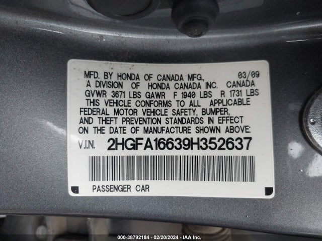 2009 HONDA CIVIC LX-S VIN: 2HGFA16639H352637