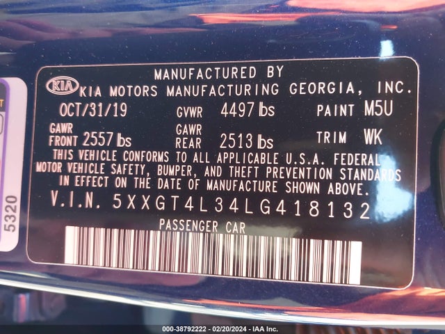 KIA Optima S 2020 5XXGT4L34LG418132 Image 9