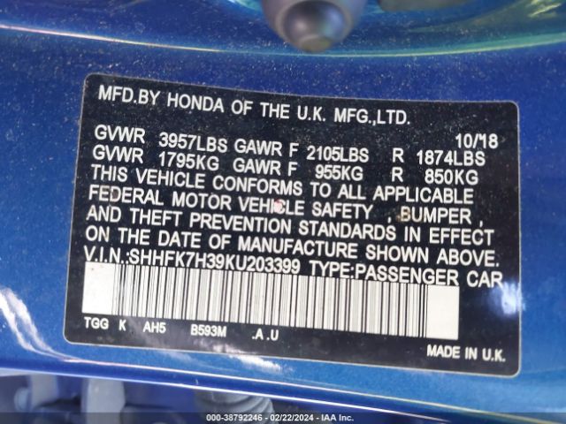 SHHFK7H39KU203399 Honda Civic Lx