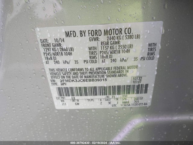 2014 FORD EDGE SEL VIN: 2FMDK3JC6EBB39315