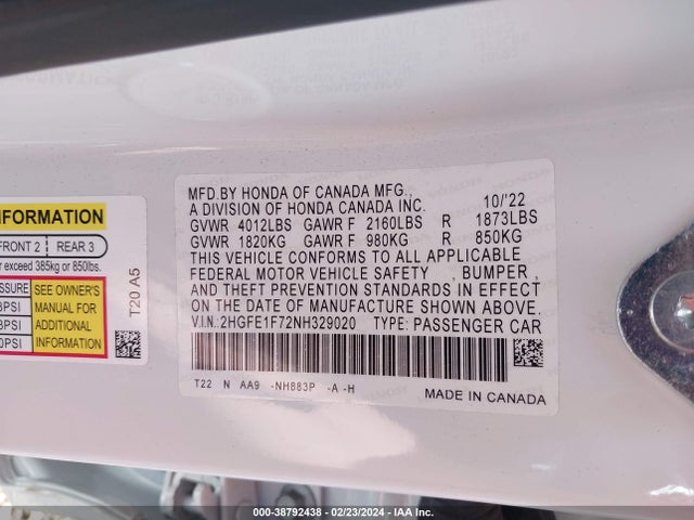 Honda CIVIC EX 2022 2HGFE1F72NH329020 Image 9