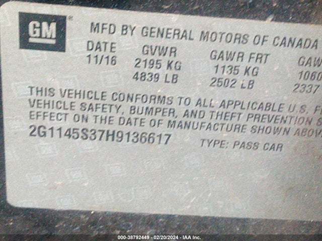 Chevrolet IMPALA 2LZ 2017 2G1145S37H9136617 Image 9