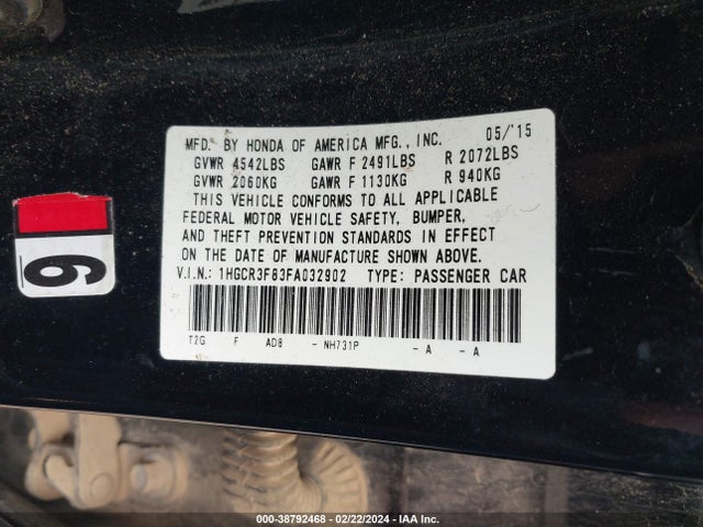 Honda Accord Ex-l V-6 2015 1HGCR3F83FA032902 Image 9