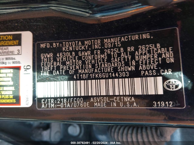 Toyota CAMRY LE 2016 4T1BF1FK6GU144303 Image 9