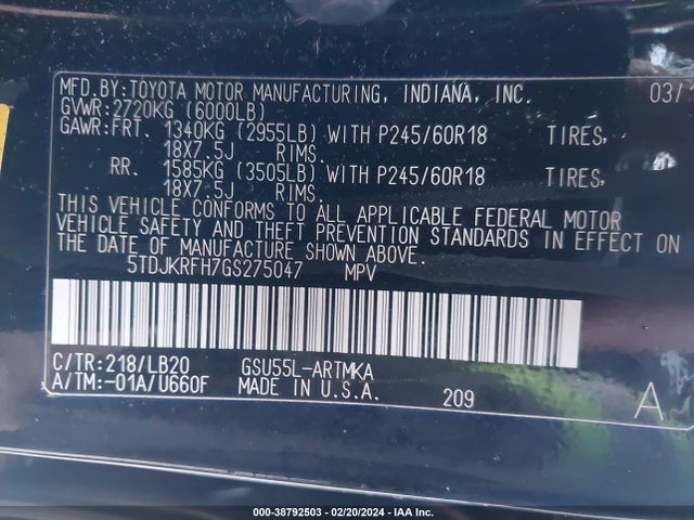 Toyota Highlander Xle V6 2016 5TDJKRFH7GS275047 Image 9