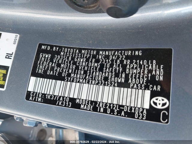 Toyota COROLLA L 2022 5YFDPMAEXNP321524 Image 9