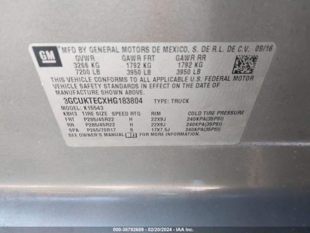 3GCUKTECXHG183804 Chevrolet Silverado 1500 High Country