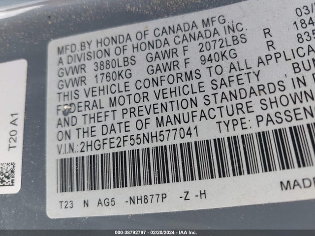 Honda Civic Sport 2022 2HGFE2F55NH577041 Image 9
