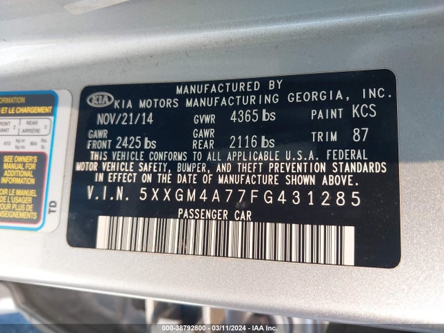 5XXGM4A77FG431285 KIA dohc gdi theta ii