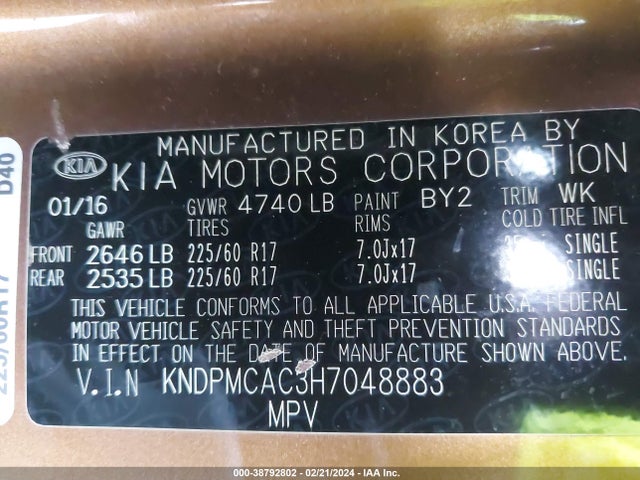 2017 KIA SPORTAGE LX VIN: KNDPMCAC3H7048883