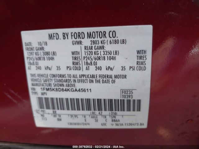 1FM5K8D84KGA45611 Ford EXPLORER XLT