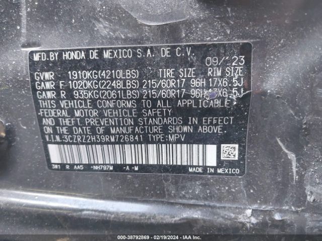 3CZRZ2H39RM726841 Honda Hr-v Awd Lx