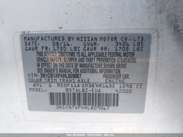 3N1CN7AP4HL809067 Nissan Versa 1.6 S/1.6 S+/1.6 Sl/1.6 Sv