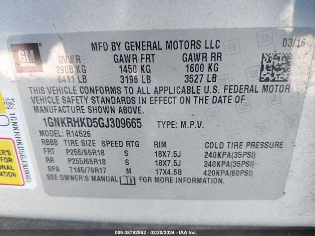 Chevrolet Traverse 2lt 2016 1GNKRHKD5GJ309665 Image 9
