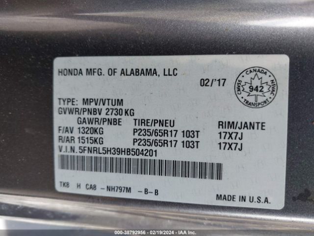 5FNRL5H39HB504201 Honda ODYSSEY SE