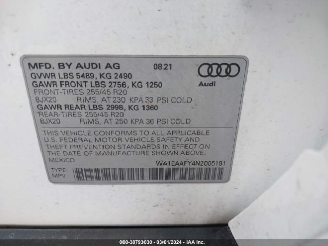 WA1EAAFY4N2005181 Audi Q5 Premium Plus 45 Tfsi S Line Quattro S Tronic