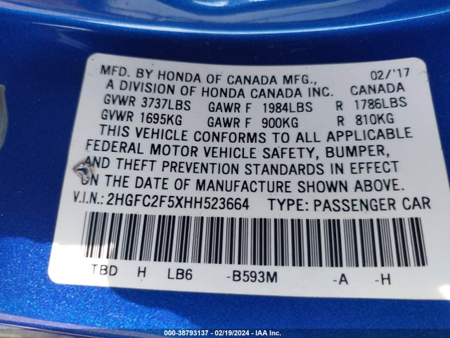 Honda Civic Lx 2017 2HGFC2F5XHH523664 Image 9