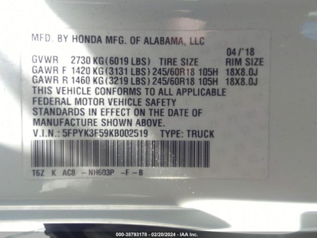 5FPYK3F59KB002519 Honda Ridgeline Rtl
